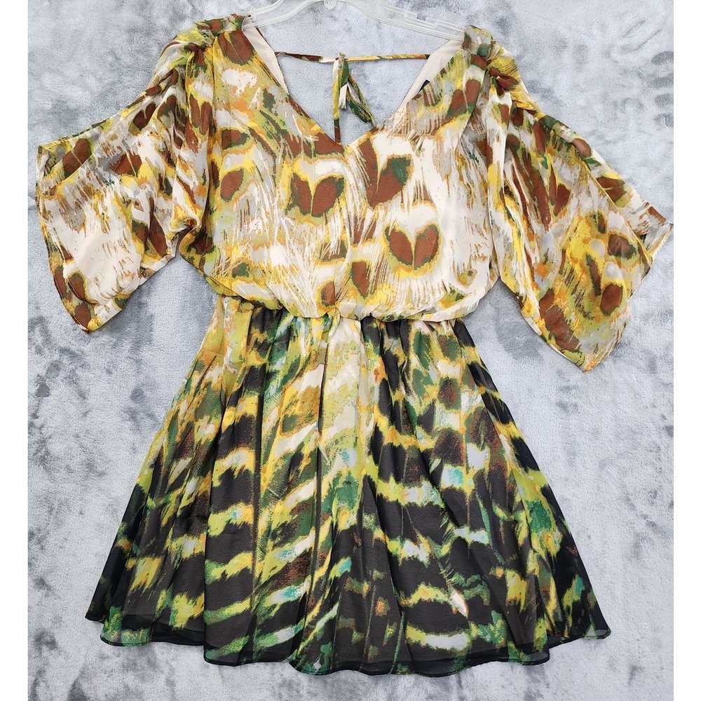 Jessica Simpson Dress Womens S Green‎ Brown Animal Print Chiffon V-Neck Mini Tie